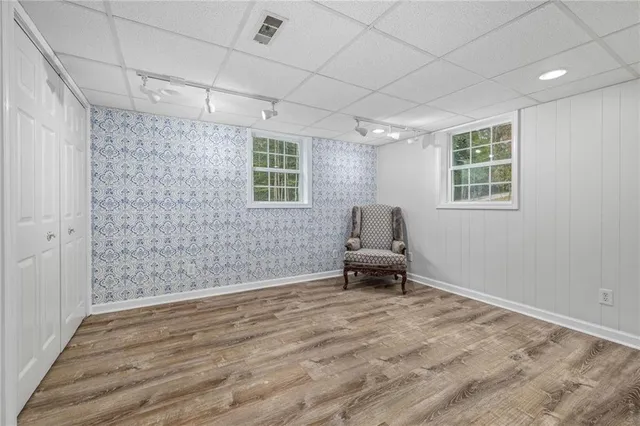 a view of a yard with plants and large trees