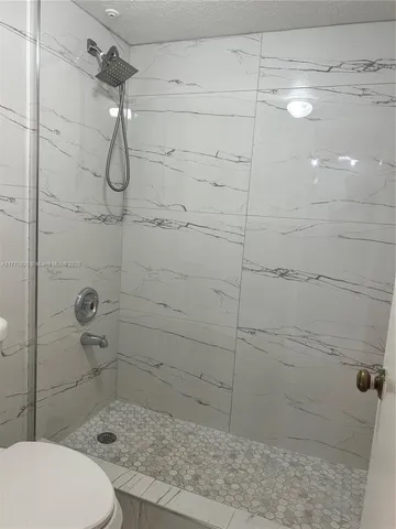 a bathroom with a shower and toilet
