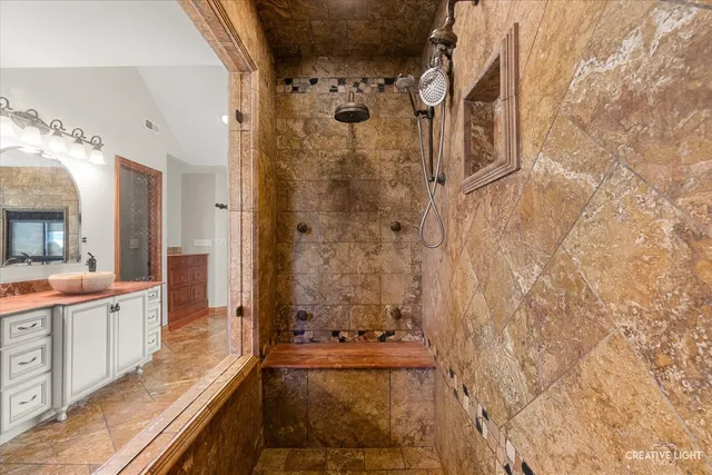 a view of a lake with a garden and lake view