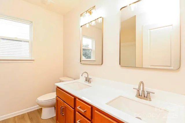 a bathroom with a sink a toilet and a mirror