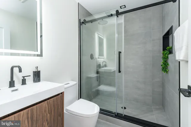 a bathroom with a sink a toilet and a mirror