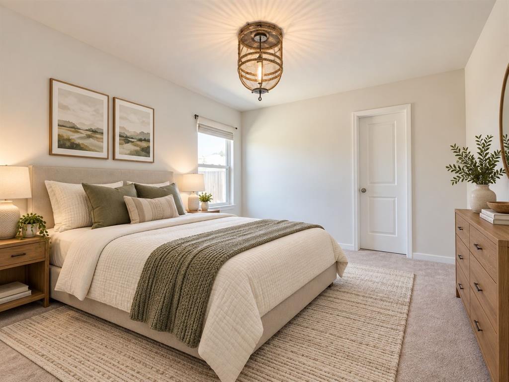 4416 Culrin Way Forney, TX 75126 - Photo 7 of 18 Bright bedroom featuring a single window, a ceiling-mounted light fixture, and light-toned carpeting. Virtually Staged.