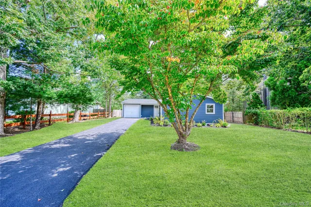 a view of a tree in front of a house with a big yard