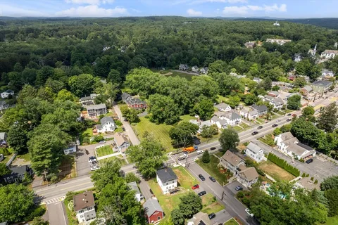 a view of a city with lush green forest