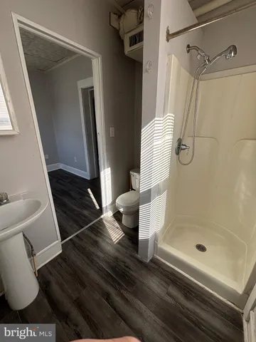 a bathroom with a shower and a toilet