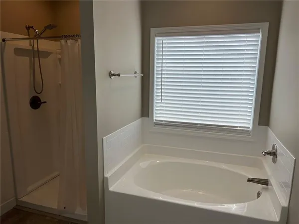 a bathroom with a shower and a window