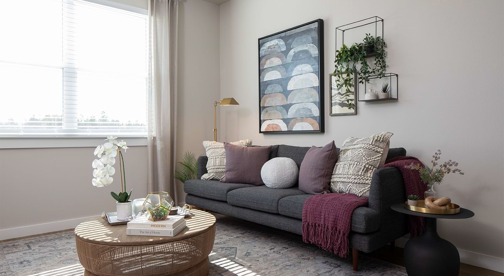 a living room with furniture and a potted plant