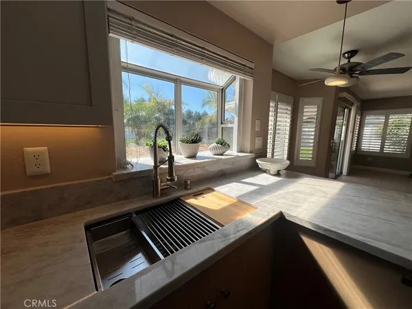 a living room with large window