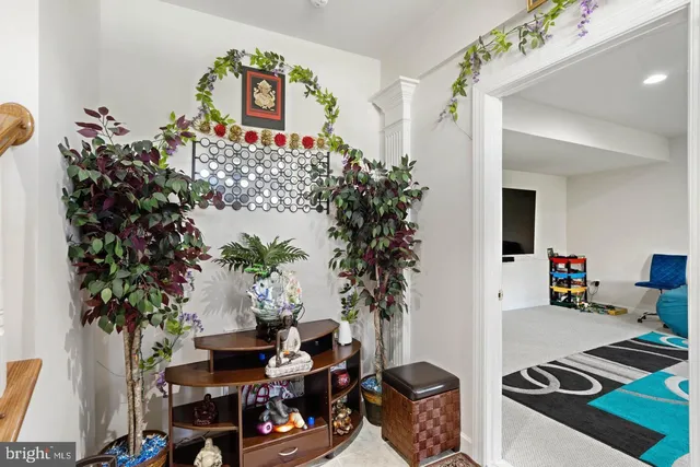 a living room with furniture and a potted plant
