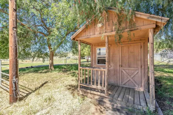 a backyard of a house with a large tree and wooden fence