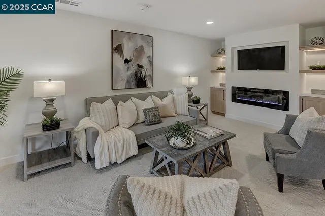 a living room with furniture a flat screen tv and a fireplace