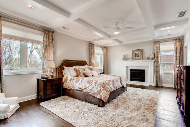 462 Northgate Court Riverside, IL 60546 - Photo 16 of 36 a bedroom with a large bed and a fireplace