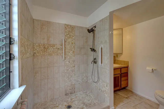 a bathroom with a shower and a toilet
