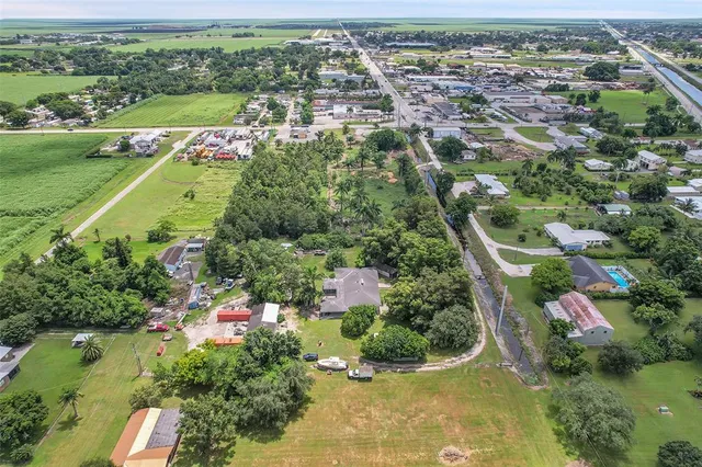 an aerial view of residential houses with outdoor space and trees