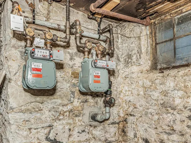 a view of a storage room with blue painted walls
