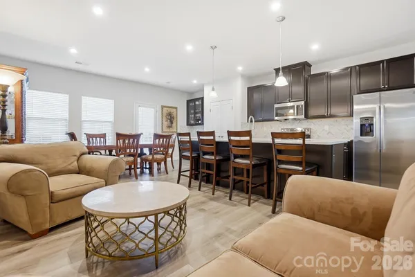 a view of a dining room with furniture