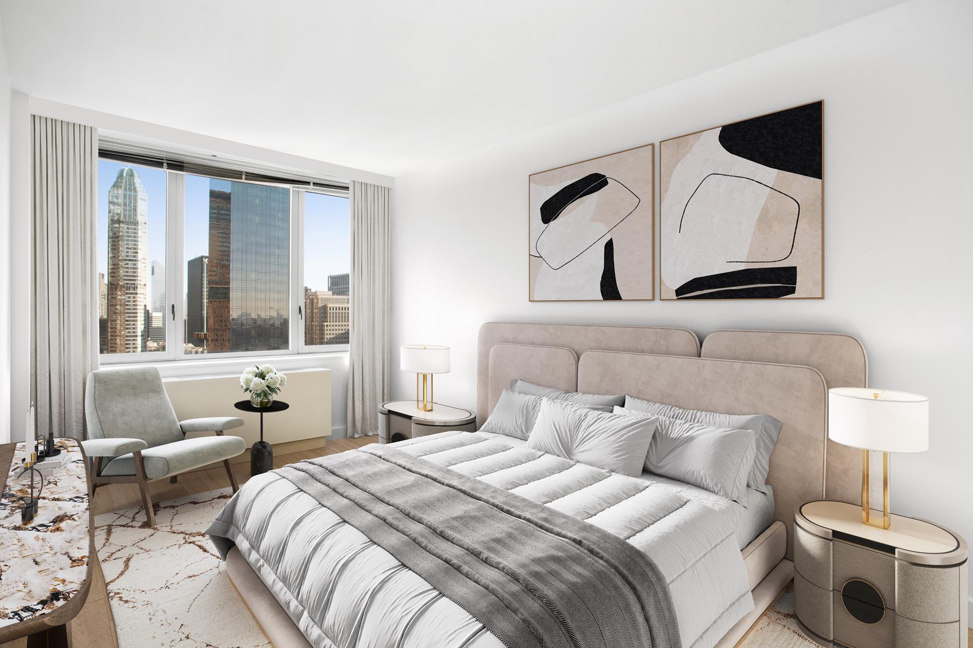 322 West 57th Street, Unit 55S1 Manhattan, NY 10019 - Photo 13 of 33 a bedroom with a large bed and a window