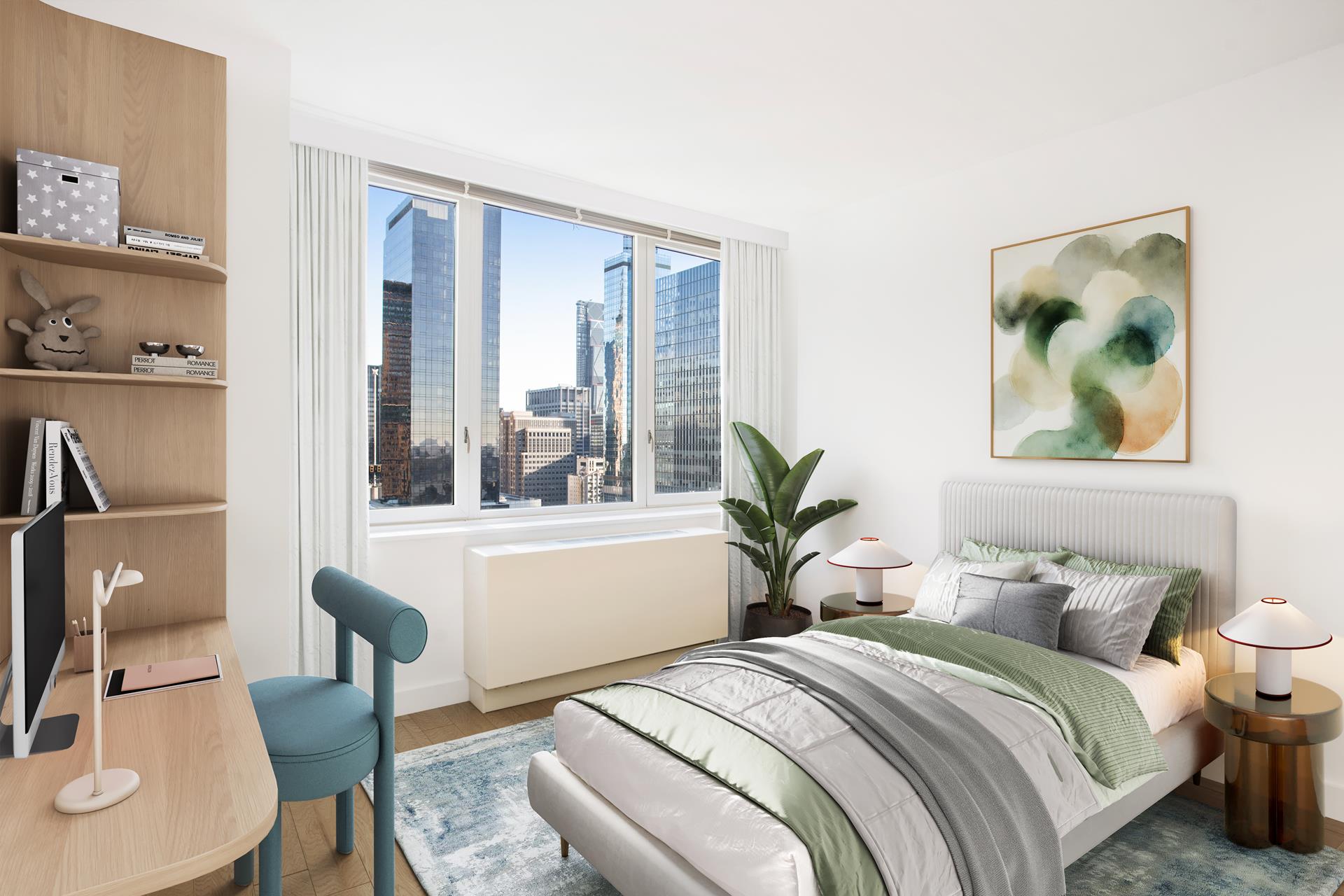 322 West 57th Street, Unit 55S1 Manhattan, NY 10019 - Photo 15 of 33 a bedroom with a bed and a table with potted plant