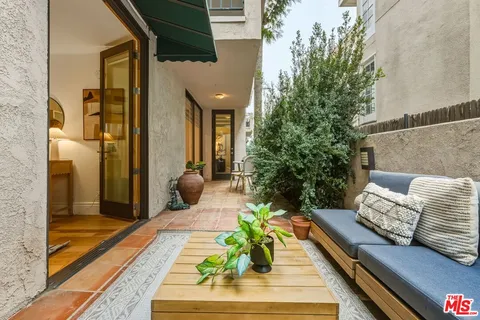 a view of a patio with couches and a potted plant