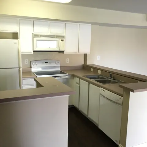 a kitchen with a sink and a refrigerator