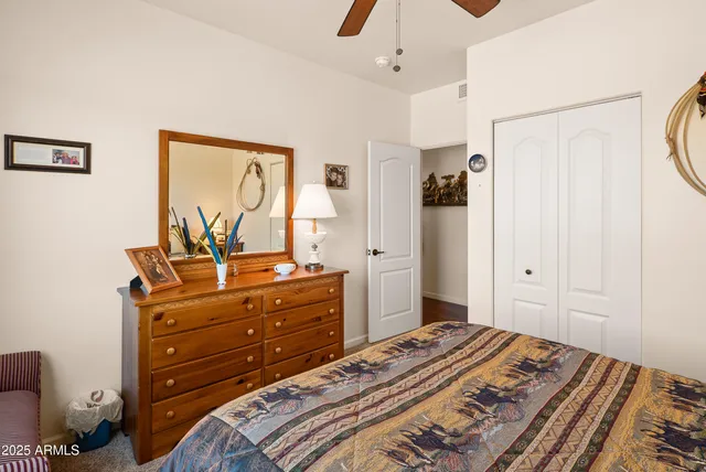 a bedroom with a bed and a walk in closet