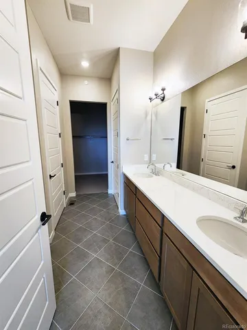 a bathroom with a double vanity sink a mirror and a shower