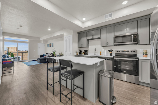 2101 North Main Street, Unit 409 Sunset, UT 84015 - Photo 18 of 18 Kitchen featuring gray cabinetry, stainless steel appliances, open floor plan, a breakfast bar, and light wood-style floors
