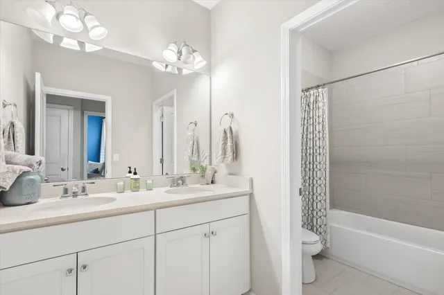 a bathroom with a double vanity sink mirror and toilet