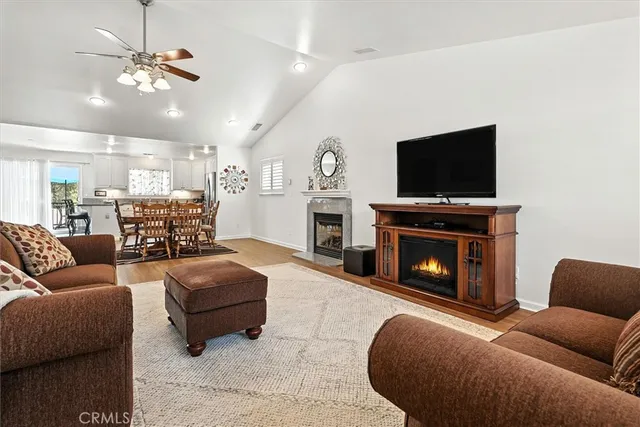 a living room with furniture a fireplace and a flat screen tv