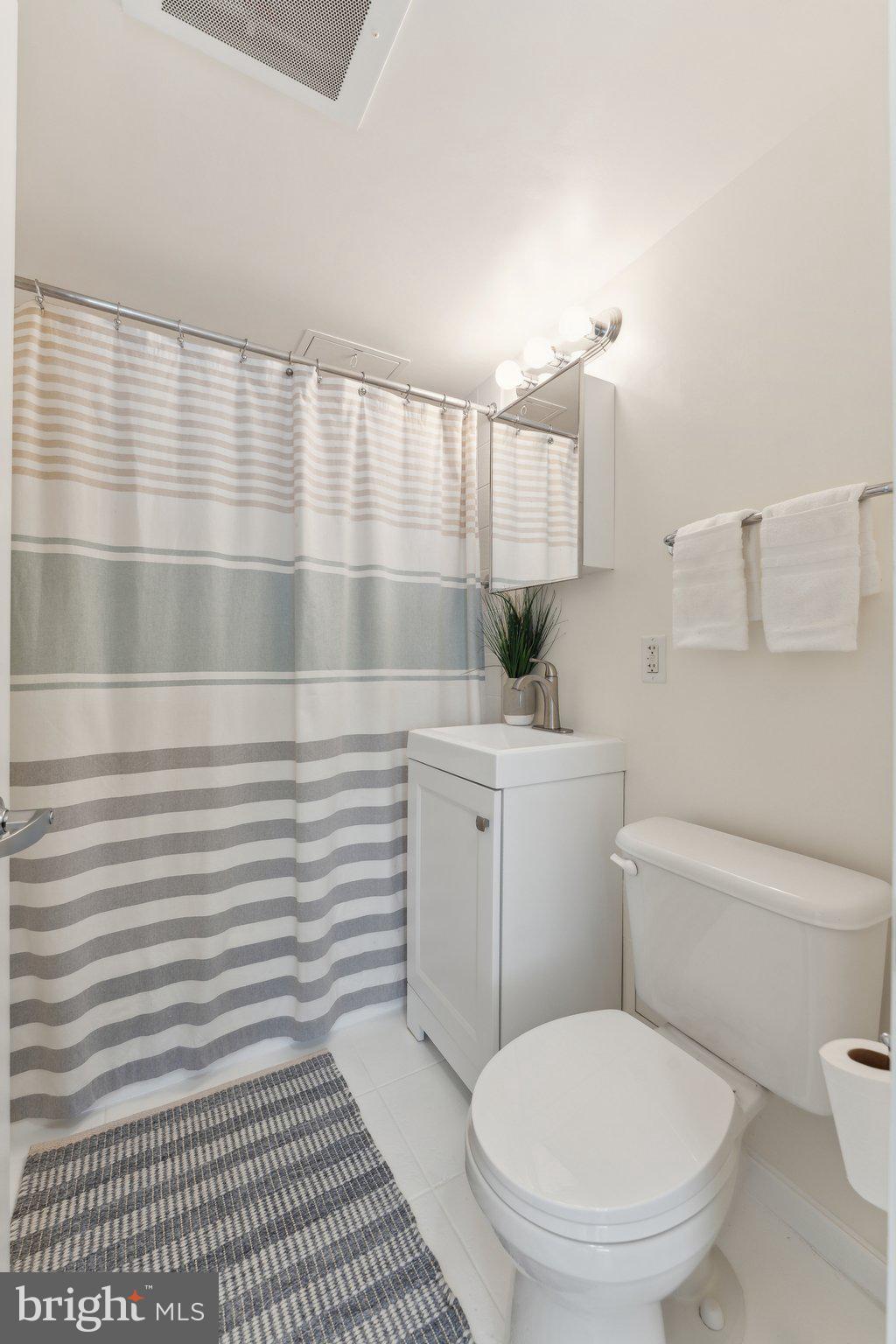 800 4th Street Southwest, Unit S419 Washington, DC 20024 - Photo 23 of 32 a bathroom with a sink a toilet and shower curtain