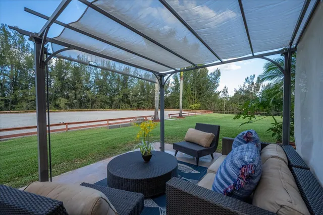 a view of a patio with couches chairs and a yard