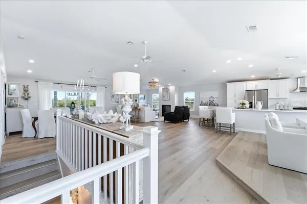 a view of a dining room with furniture
