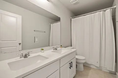 a bathroom with a double vanity sink toilet and a mirror
