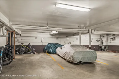 a view of a garage with storage