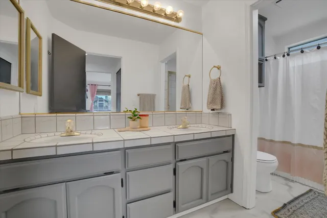a bathroom with a double vanity sink toilet and mirror