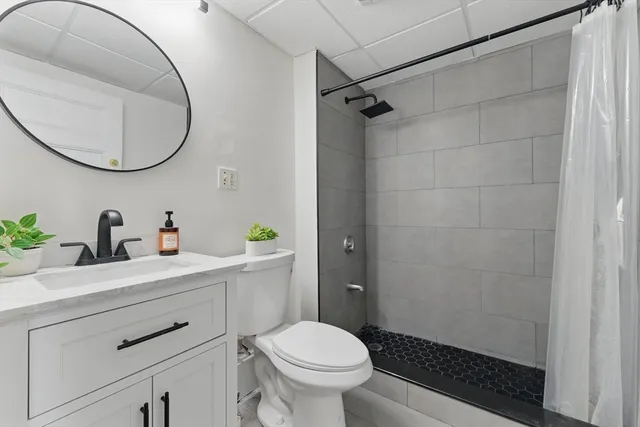 a bathroom with a sink a toilet and a mirror