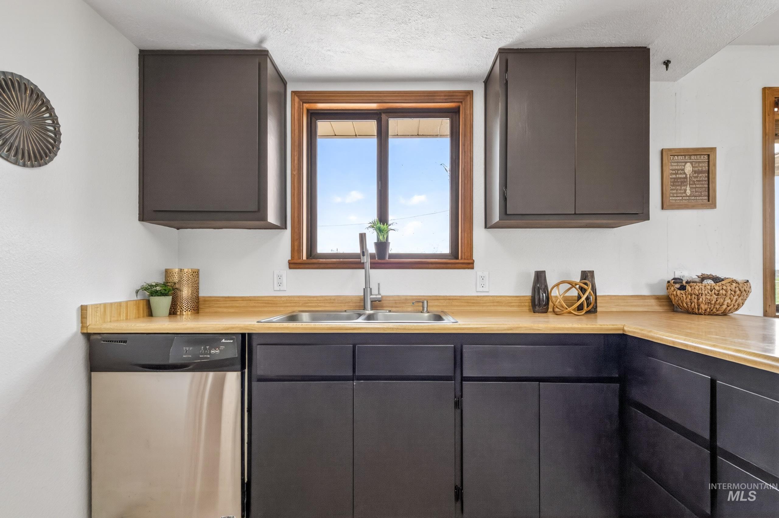 8989 Hillview Road Emmett, ID 83617 - Photo 8 of 50 Kitchen featuring stainless steel dishwasher, light countertops, a textured ceiling, and dark wood finish cabinets