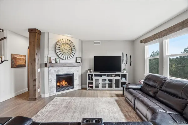 a living room with furniture a flat screen tv and a fireplace