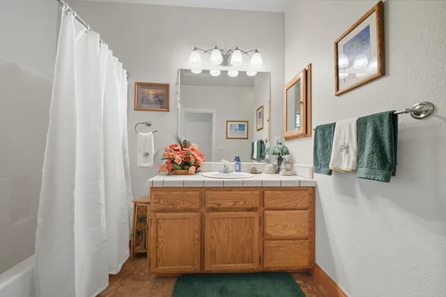 a bathroom with a shower curtain and a sink