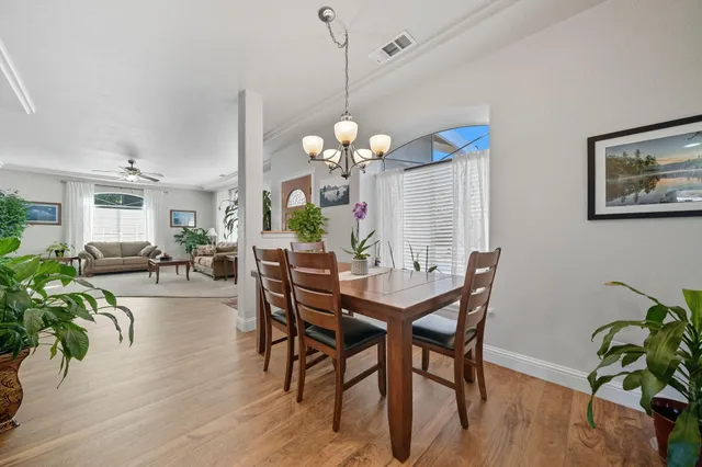 a dining room filled with furniture and wooden floor