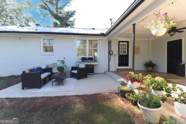 a front view of a house with a patio