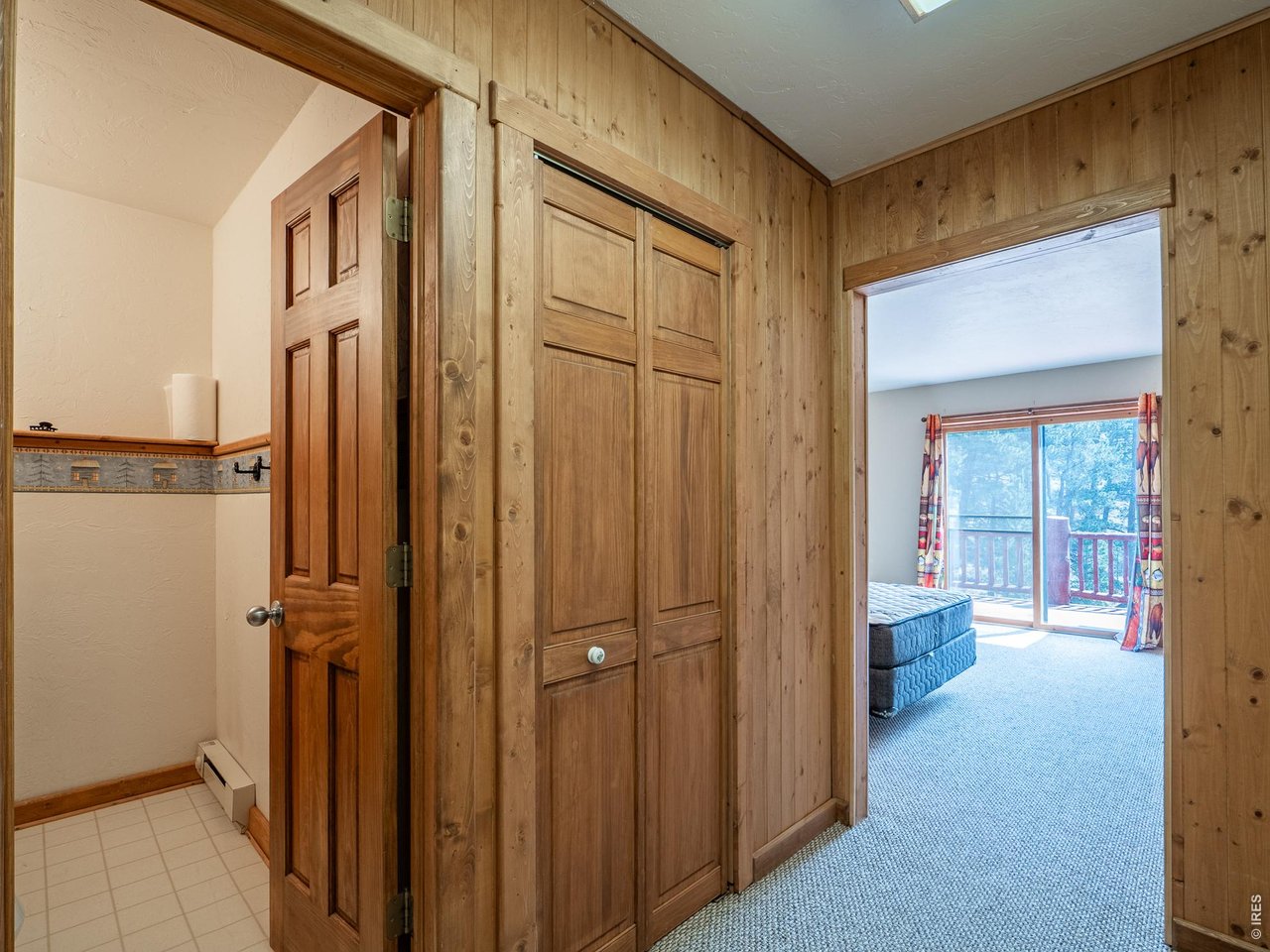 296 Caddo Road Red Feather Lakes, CO 80545 - Photo 23 of 50 Lower level hallway to bedroom(with deck access), 1/2 bath & storage closet.