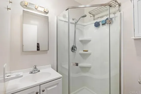 a bathroom with a sink shower and a mirror