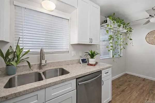 a kitchen with a potted plant on the counter and cabinets