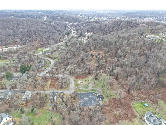 a view of a city with lush green forest