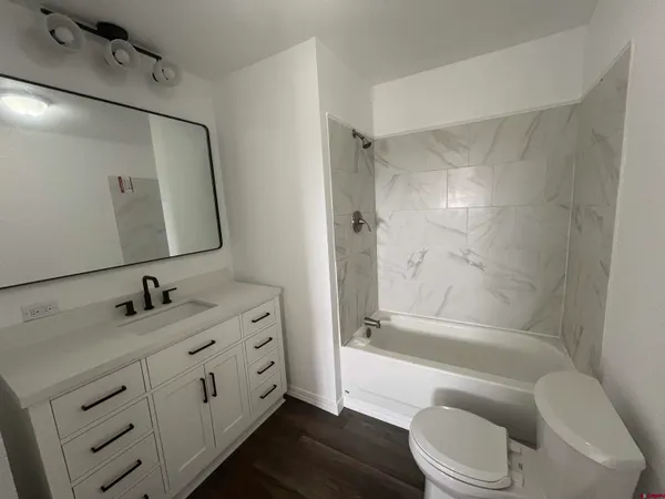 a bathroom with a tub sink toilet and a mirror