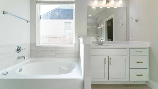 a bathroom with a bathtub and a sink