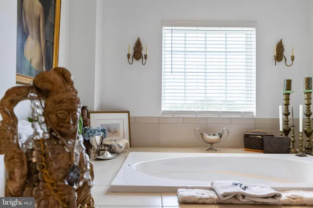 a bath room with a window and a potted plant