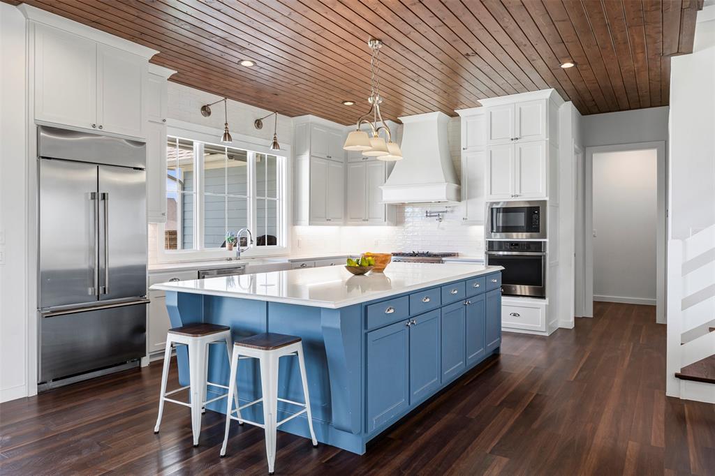 4421 Azalea Way Midlothian, TX 76065 - Photo 8 of 38 Kitchen featuring blue cabinets, wood ceiling, hanging light fixtures, built in appliances, and white cabinets