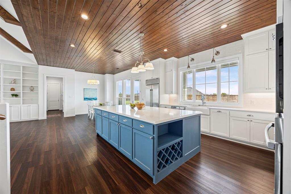 4421 Azalea Way Midlothian, TX 76065 - Photo 10 of 38 Kitchen featuring blue cabinets, white cabinetry, wood ceiling, open shelves, and dark wood-type flooring